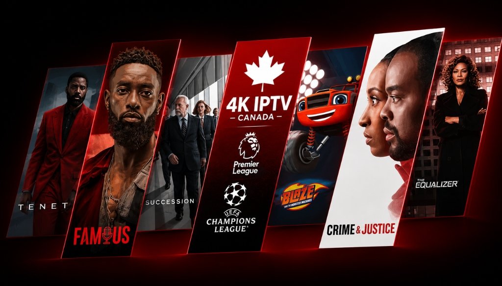 IPTV 4K Canada Ontario promotional banner featuring Premier League, UEFA Champions League, blockbuster movies, popular TV series, kids entertainment, crime dramas, and premium IPTV streaming in a modern red and black design.