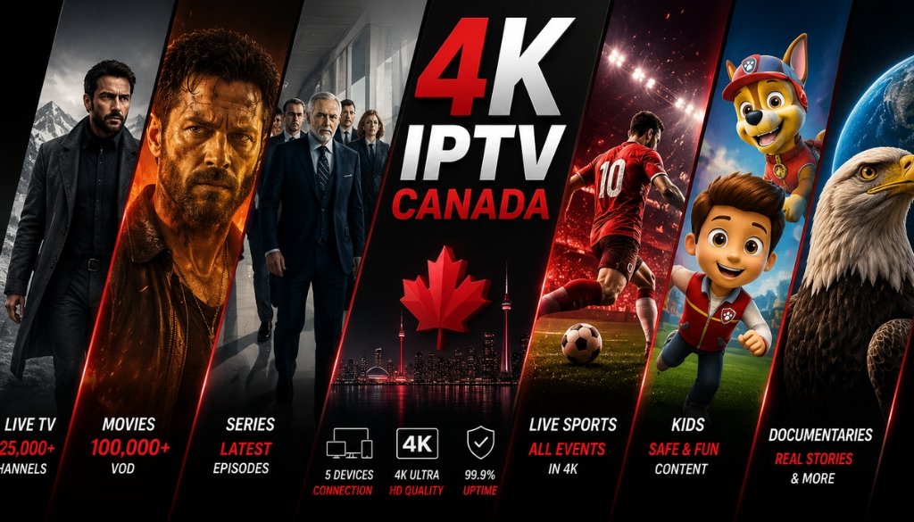 IPTV 4K Canada Quebec entertainment banner featuring live TV, 100,000+ VOD movies, latest TV series, live sports in 4K, kids content, documentaries, 25,000+ live channels, 5 device connections, 4K Ultra HD quality, and 99.9% uptime.