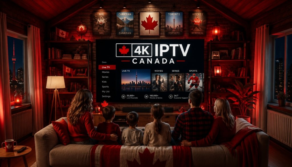 Family watching 4K IPTV Ontario Canada on a large smart TV in a Canadian-themed living room with maple leaf décor, Toronto skyline, 25,000+ live channels, 100,000+ movies and series, sports, live TV, and 24/7 customer support.