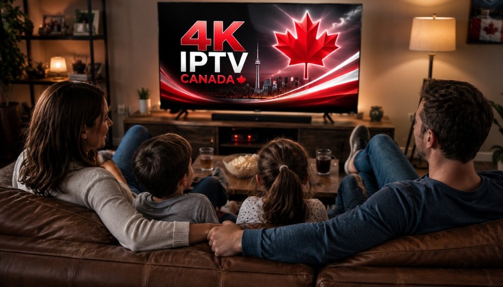 Family enjoying 4K IPTV Quebec Subscription on a large smart TV in a cozy living room, featuring the Canadian maple leaf, CN Tower skyline, premium 4K streaming, and home entertainment with movies, live TV, and series.