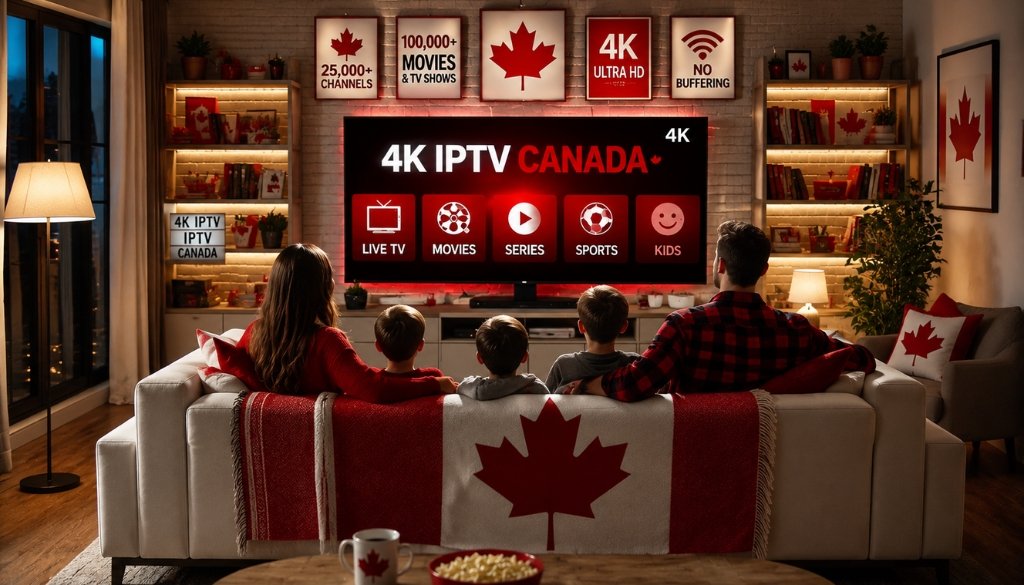 Family enjoying Why IPTV Canada is the Ultimate 4K IPTV Canada on a large smart TV in a modern Canadian-themed living room with red and white décor, Canadian flags, 25,000+ live channels, 100,000+ movies and TV shows, 4K Ultra HD, no buffering, and live TV, movies, series, sports, and kids entertainment.