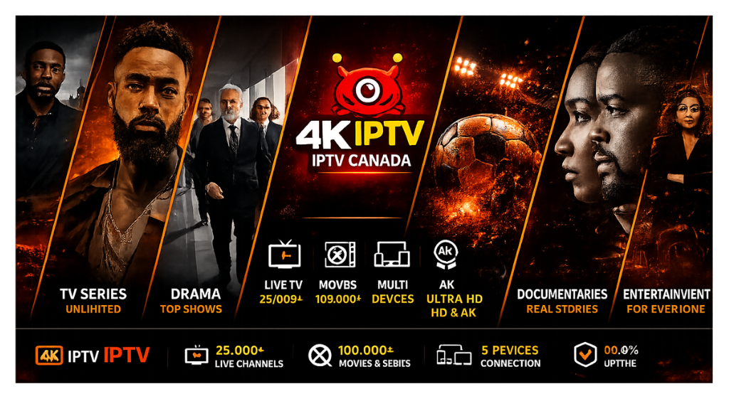 Best IPTV Canada service banner featuring 4K streaming, live TV, movies, sports, and multi-device support.