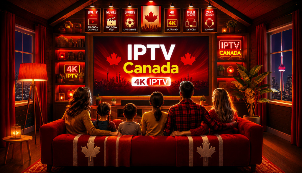 Modern family enjoying 4K IPTV Canada streaming in a warm cabin-style living room with cinematic entertainment.