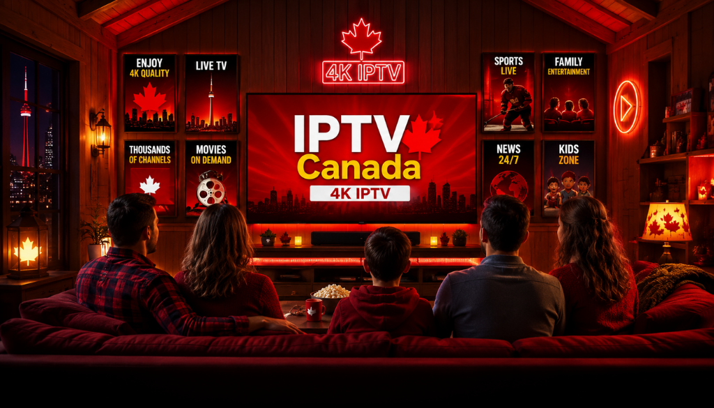 Family watching IPTV Canada on a large 4K TV in a cozy living room with premium home entertainment setup.