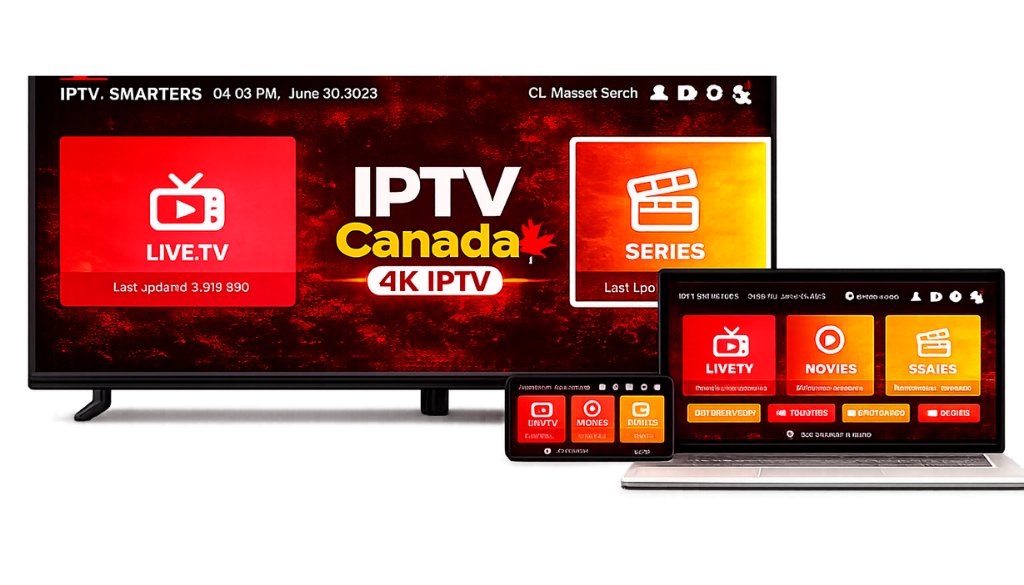 IPTV Canada interface displayed on TV, laptop, and smartphone with 4K streaming and cross-device compatibility.