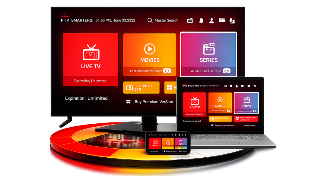 IPTV streaming service displayed across a smart TV, laptop, and smartphone with live TV, movies, and series interface on a transparent background.