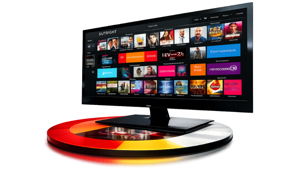Modern IPTV streaming interface displayed on a 4K smart TV with a futuristic red, gold, and white platform on a transparent background.