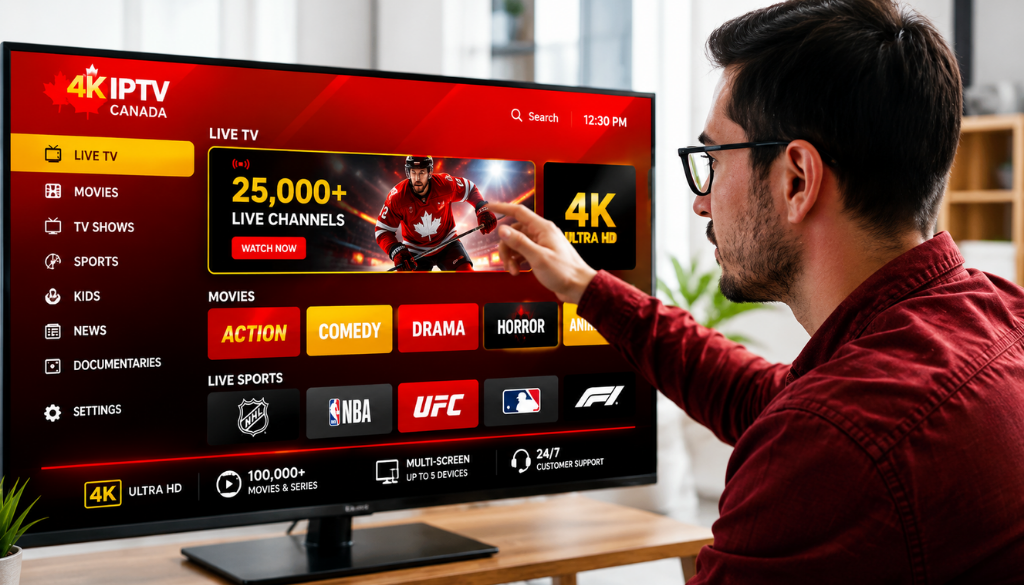 Person using a 4K smart TV IPTV interface featuring live TV, movies, sports, and 25,000+ channels with ultra HD streaming.