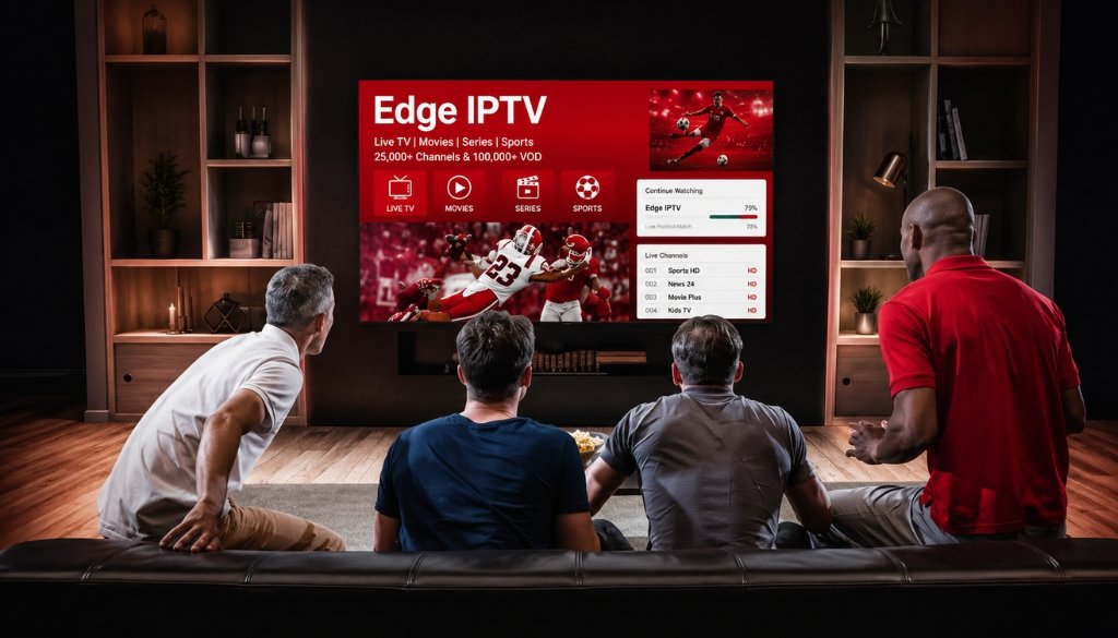 Friends watching live sports on Edge IPTV with 4K streaming, premium channels, movies, series, and live TV in a modern home theater.