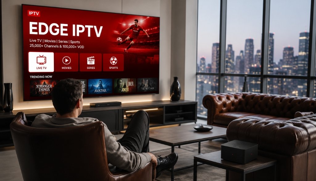 Edge IPTV streaming service displayed on a large smart TV in a luxury living room with live TV, movies, series, sports, and 4K entertainment.