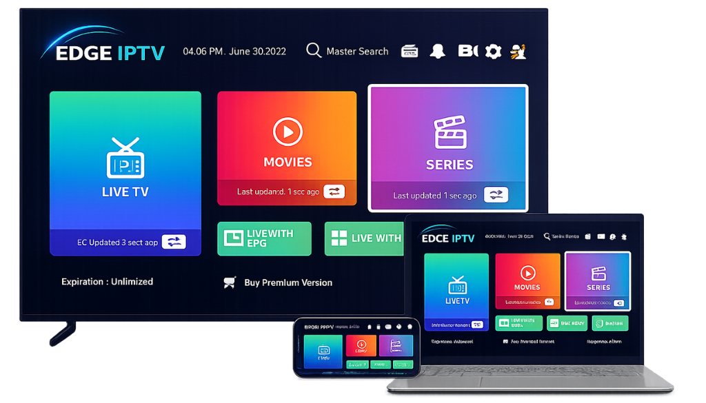Edge IPTV streaming interface shown across TV, laptop, and mobile device featuring Live TV, Movies, Series, and EPG on a modern IPTV dashboard.