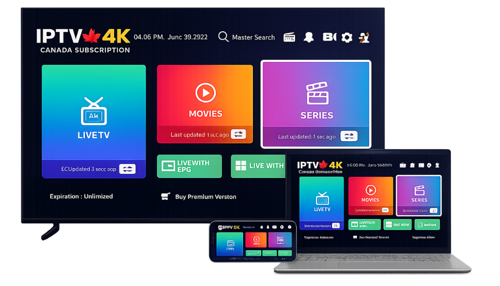 IPTV 4K Canada Subscription interface on smart TV, laptop, and smartphone with Live TV, Movies, Series, and EPG for premium Canadian IPTV streaming.