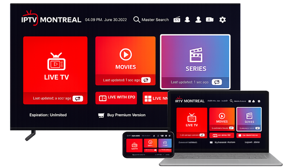 IPTV Montreal app interface shown across TV, laptop, and mobile devices featuring Live TV, Movies, Series, and premium IPTV dashboard with a modern red and white design.