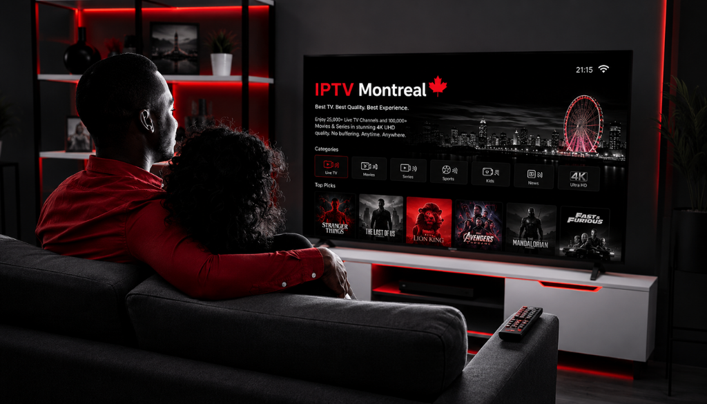 IPTV Montreal smart TV interface offering 25,000+ live channels, 100,000+ movies and series, 4K UHD streaming, and premium entertainment.