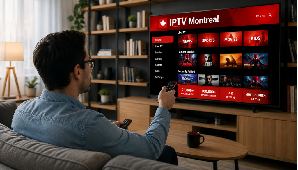 Cozy living room with IPTV Montreal on a smart TV showing a modern streaming dashboard with live TV, sports, movies, kids, 25,000+ live channels, and 4K Ultra HD.