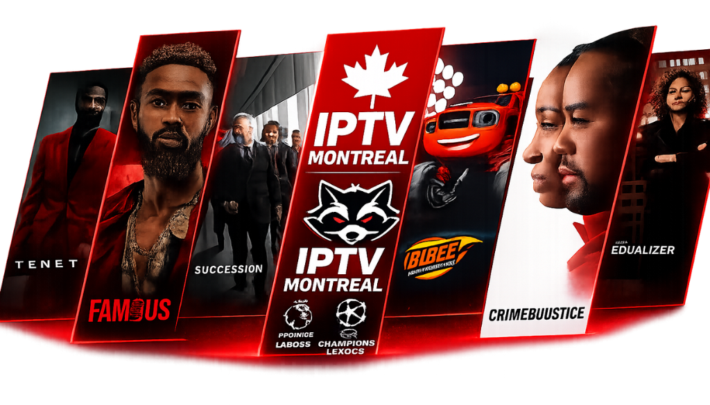 IPTV Montreal banner showcasing premium movies, TV series, sports, kids entertainment, Canadian maple leaf branding, and 4K IPTV streaming on a transparent PNG background.