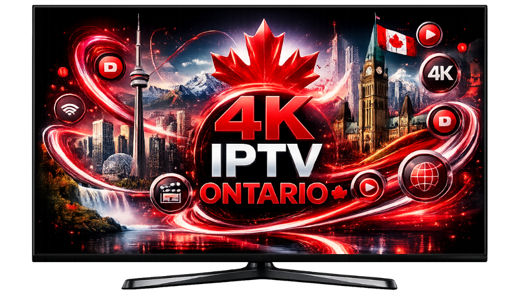 IPTV Ontario promotional banner displayed on a modern 4K smart TV featuring the CN Tower, Parliament Hill, Niagara Falls, Canadian maple leaf, and vibrant red light effects, highlighting premium 4K IPTV streaming services in Ontario, Canada.