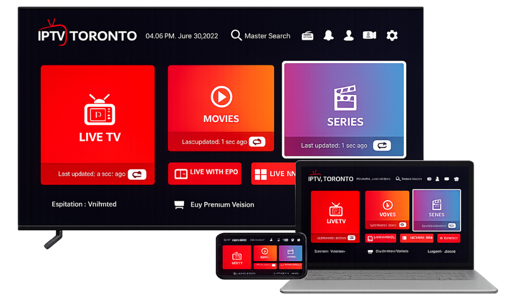 IPTV Toronto streaming interface displayed on TV, laptop, and smartphone with Live TV, Movies, and Series dashboard in red and white on a transparent background.