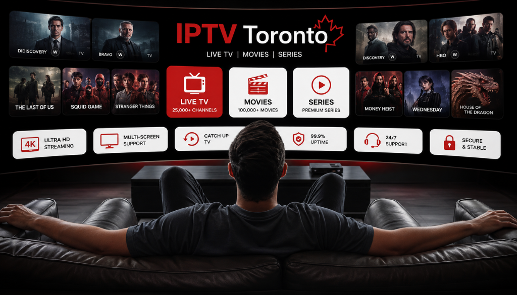Home theater setup with IPTV Toronto displayed on a widescreen TV featuring live TV, movies, series, 4K streaming, multi-screen support, and premium entertainment.
