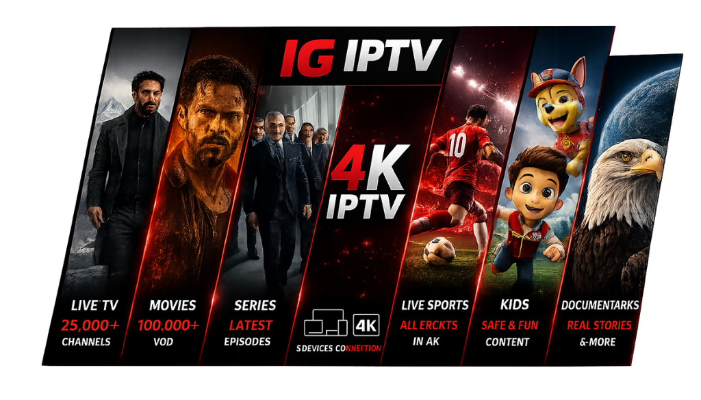 IG IPTV 4K streaming banner with live TV, movies, latest TV series, live sports, kids content, documentaries, 25,000+ channels, 100,000+ VOD, and multi-device IPTV support.