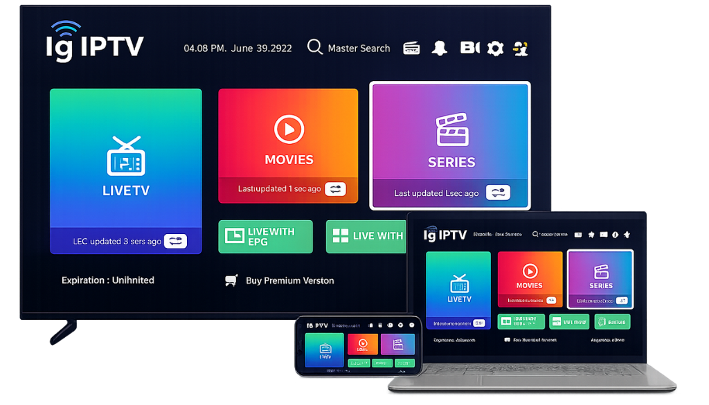Ig IPTV app interface displayed on smart TV, laptop, and smartphone with Live TV, Movies, Series, and EPG dashboard for premium IPTV streaming.