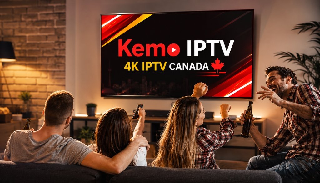 Friends enjoying Kemo IPTV 4K Canada on a large smart TV with premium streaming, live channels, and entertainment at home.