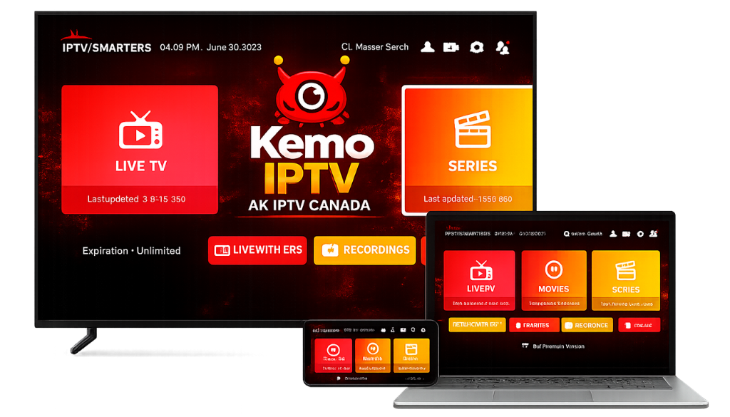 Kemo IPTV Smarters interface on TV, laptop, and smartphone showcasing Live TV, Movies, and Series with 4K IPTV Canada streaming.