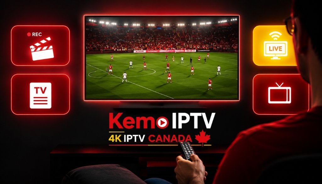 User watching live football on Kemo IPTV 4K Canada with Live TV, recording, and streaming features on a smart TV.
