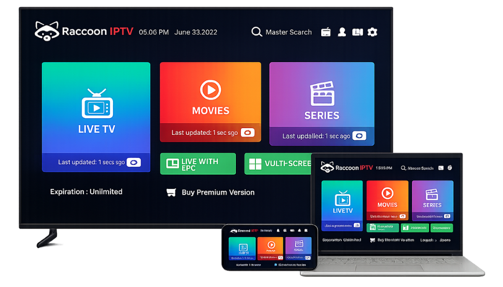 Raccoon IPTV streaming platform displayed on TV, laptop, and smartphone with a red-themed interface, Live TV, Movies, Series, and premium IPTV branding.
