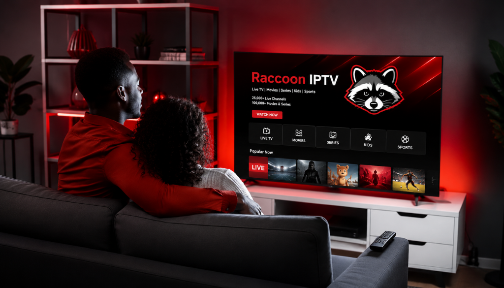 Family enjoying Raccoon IPTV on a smart TV featuring live TV, movies, series, kids content, sports, and premium 4K entertainment.