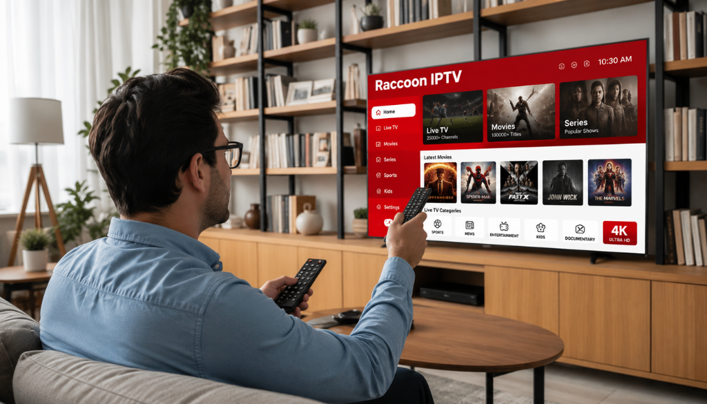Person using a remote to browse the Raccoon IPTV home screen on a smart TV with live TV, movies, series, sports, and 4K Ultra HD streaming.