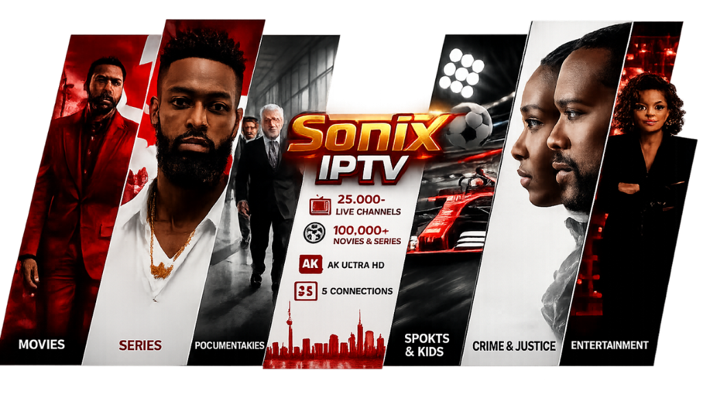 Sonix IPTV promotional banner featuring movies, TV series, documentaries, sports, kids content, crime shows, 25,000+ live channels, 100,000+ VOD, 4K Ultra HD, and 5 IPTV connections.
