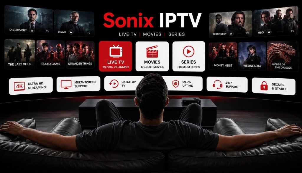 Sonix IPTV home entertainment interface featuring live TV, movies, series, 4K streaming, catch-up TV, and multi-screen support.