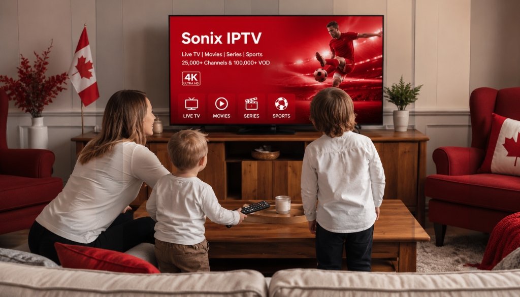 Sonix IPTV family watching TV in a modern living room with 4K live TV, movies, sports, and premium IPTV entertainment.