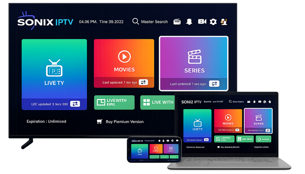 Sonix IPTV interface displayed on TV, laptop, and smartphone showcasing Live TV, Movies, Series, and EPG with a modern premium IPTV dashboard.