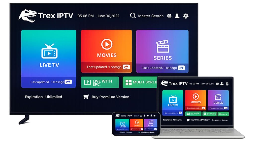 Trex IPTV streaming dashboard displayed on TV, laptop, and smartphone featuring Live TV, Movies, and Series with a modern red and white IPTV interface.