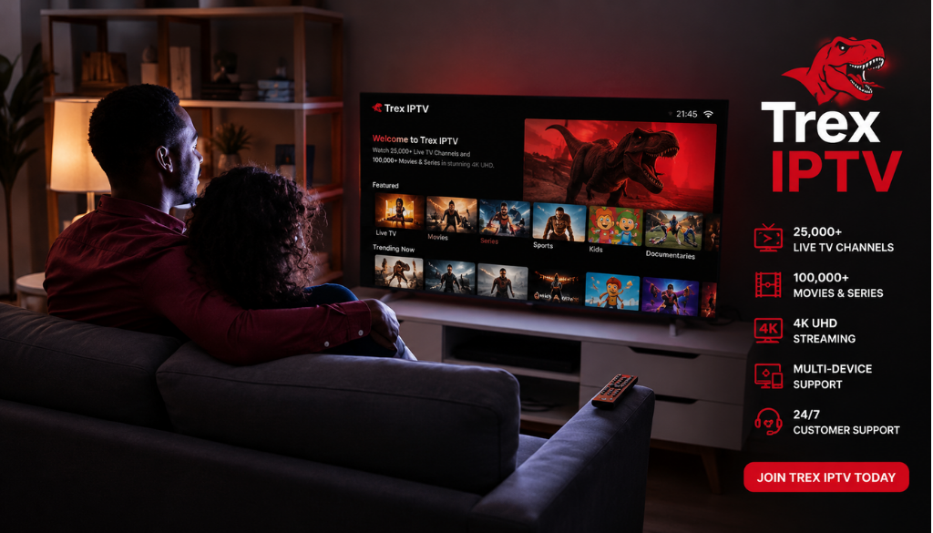 Couple watching Trex IPTV on a smart TV with 25,000+ live channels, 100,000+ movies and series, 4K UHD streaming, and multi-device support.