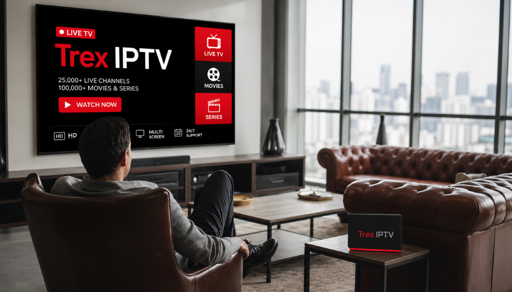 Modern living room with a user watching Trex IPTV on a large smart TV featuring live TV, movies, series, and 25,000+ channels in a premium red and black interface.