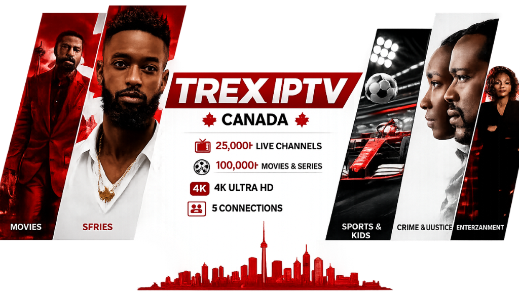 Trex IPTV Canada banner featuring 25,000+ live channels, 100,000+ movies and series, 4K Ultra HD streaming, 5 connections, entertainment, sports, movies, and crime content.