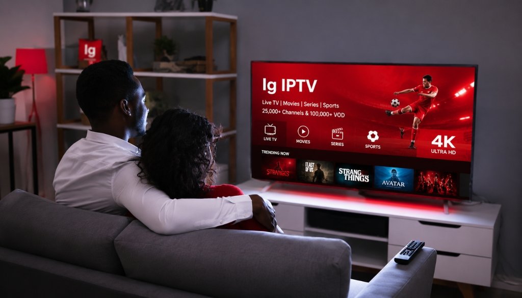 Couple relaxing on a sofa while watching Ig IPTV on a smart TV with live TV, movies, series, sports, and 4K Ultra HD streaming.