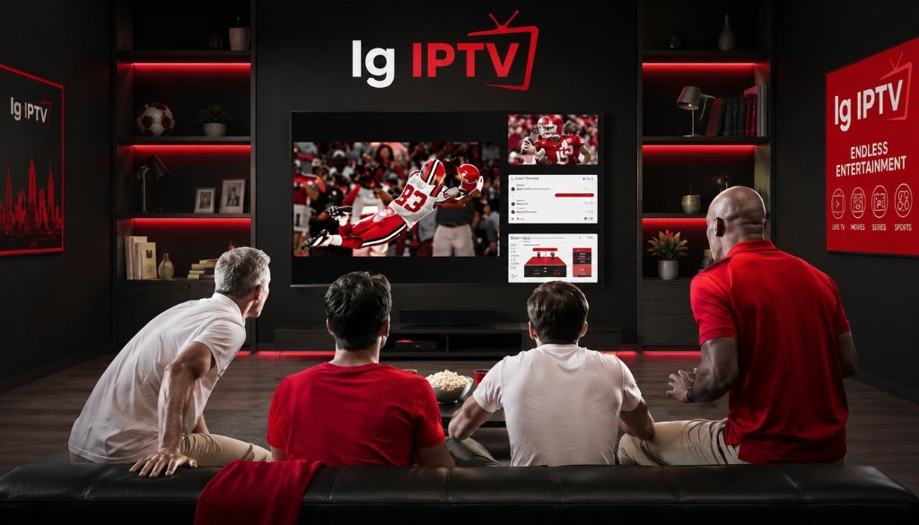 Friends enjoying Ig IPTV on a large smart TV with live sports, premium channels, movies, series, and 4K streaming entertainment.