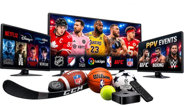 IPTV 4K Canada sports streaming setup featuring three TVs with NHL hockey, NBA basketball, NFL football, UFC, soccer, boxing and PPV events, plus sports equipment, streaming box and remote control.