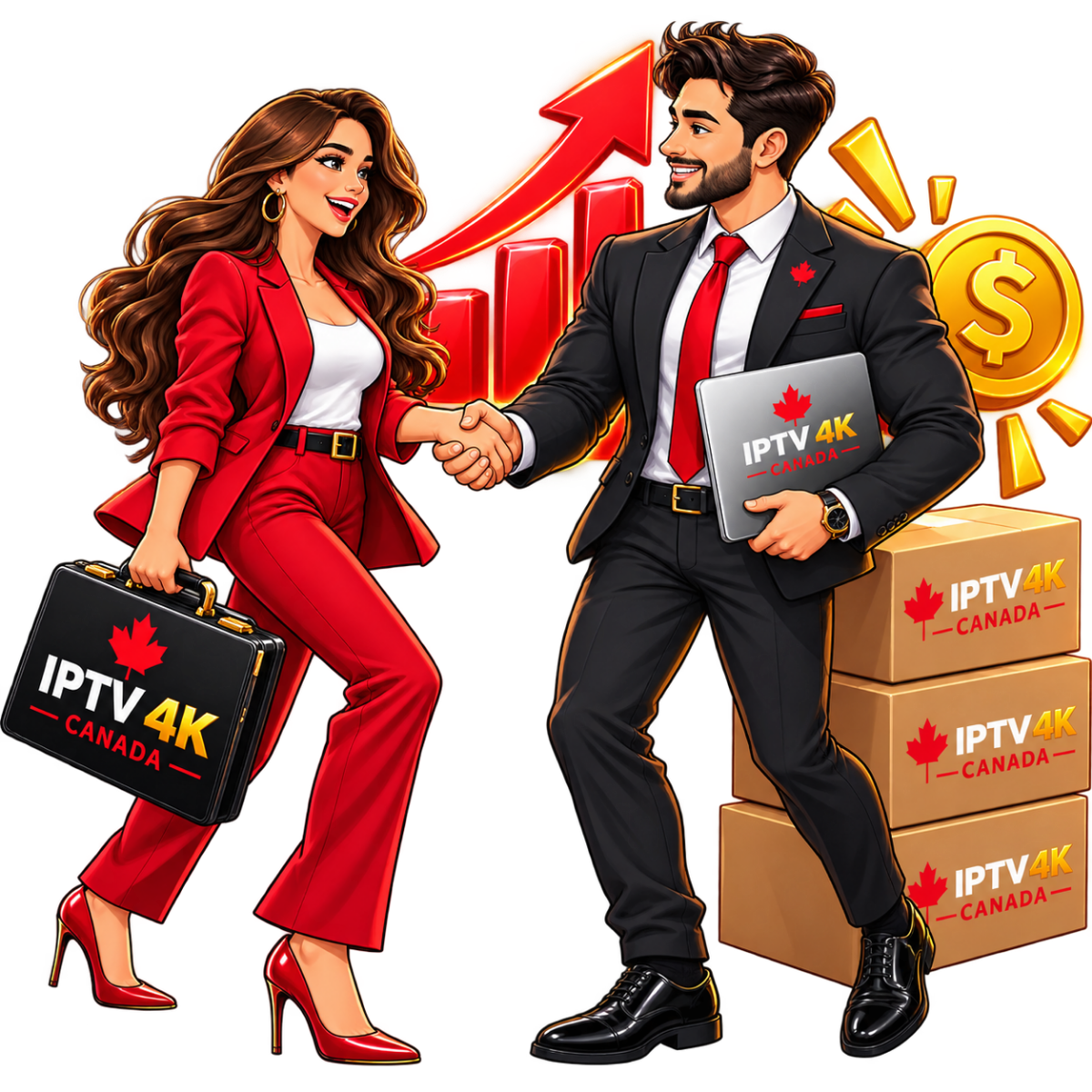 IPTV 4K Canada reseller partnership featuring a woman and man shaking hands, branded IPTV 4K Canada laptop and briefcase, stacked IPTV boxes, rising business growth chart, and gold dollar symbol.