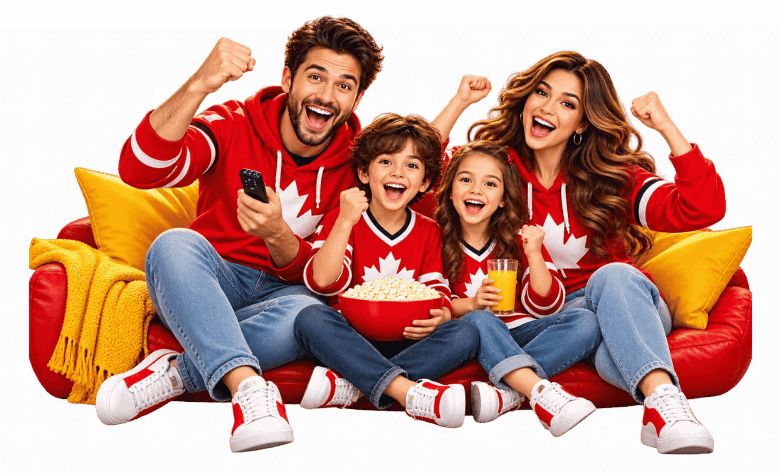 Happy Canadian family of four enjoying IPTV 4K Canada entertainment together on a red sofa, with a remote, popcorn, orange juice, and Canada-themed red outfits.